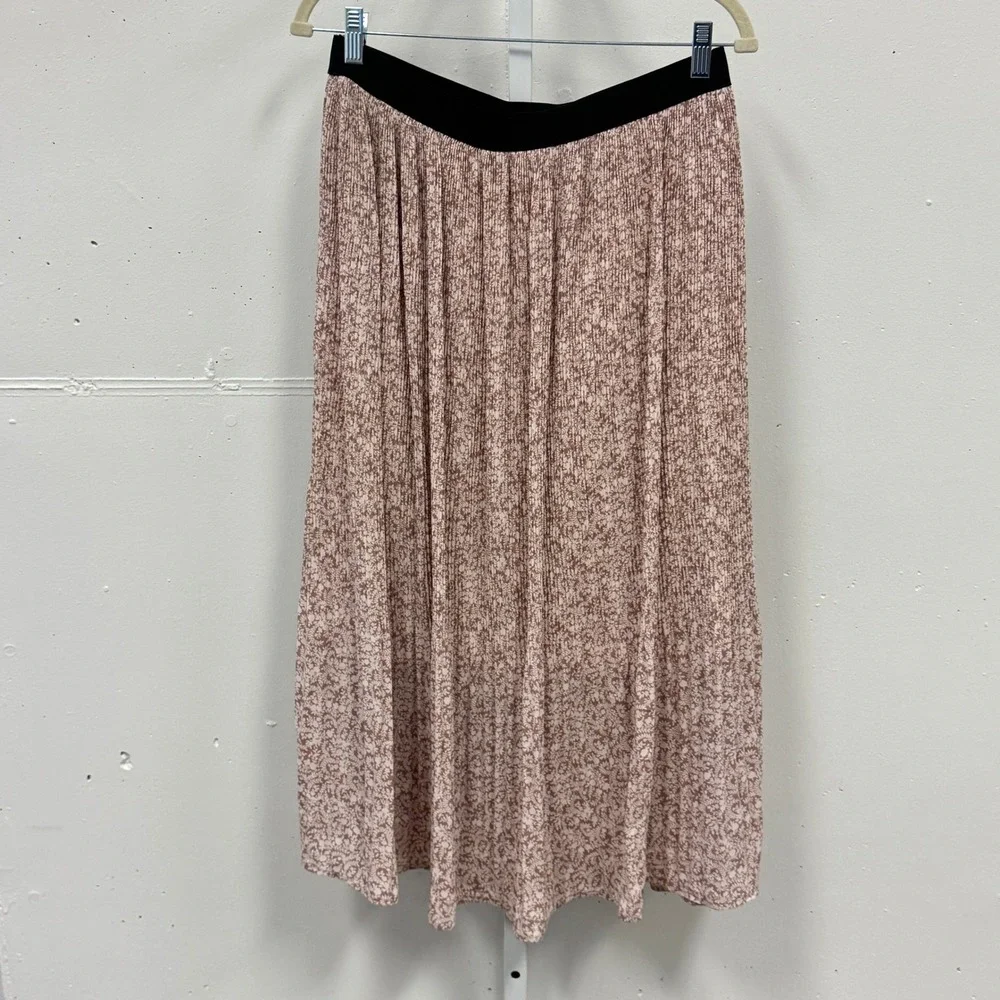 Adrianna Papell Mauve Floral Pleated Midi Skirt Elastic Waist Cottagecore Size M